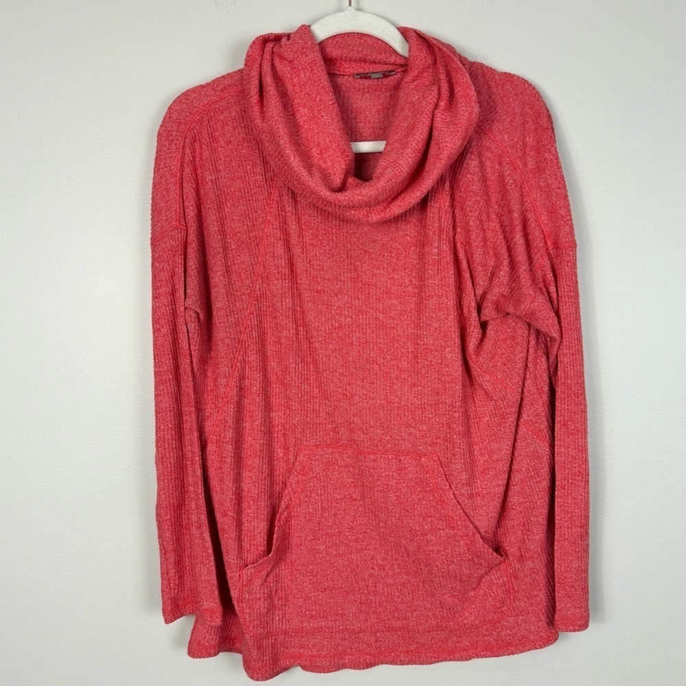 Lilla P Knit Cowl Neck Top Women Small Orange Red Kangaroo Pocket Stretch Casual